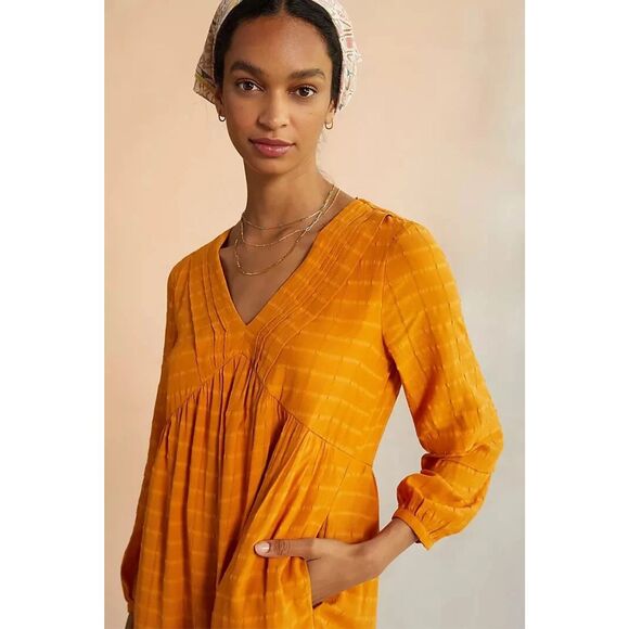 $160 ANTHROPOLOGIE‎ Maeve Pintucked Collar v-neck Mini Dress size S gold - Picture 4 of 12